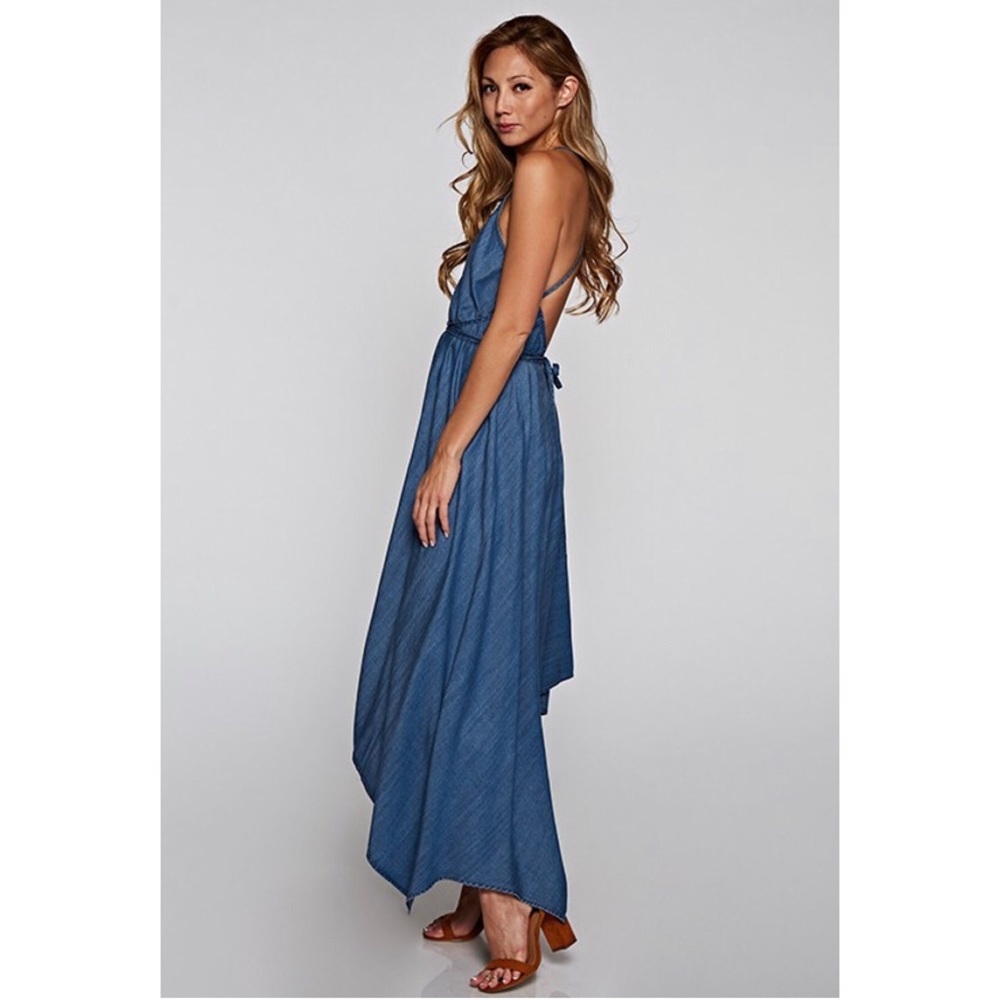 Denim open back tied waist halter maxi dress - Picture 5 of 9